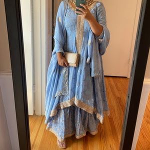 Three piece hi low Anarkali with sharara suit